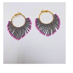 Black, Cream, Fuschia Pink beaded Hoop Earrings (gold colored metal hoop base)